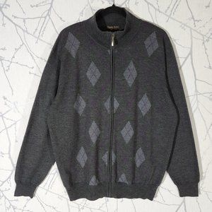 Harry Rosen Charcoal Diamonds 100% Merino Wool Full Zip Mockneck Sweater